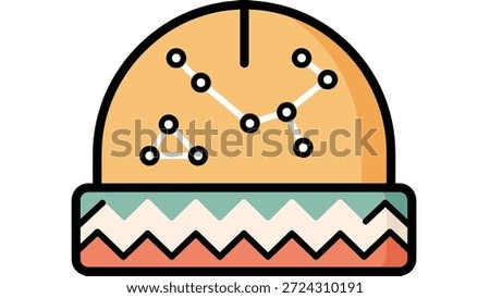 Stylized flat icon of a winter beanie hat adorned with celestial constellations and a decorative zigzag band, symbolizing warmth and cosmic connection.