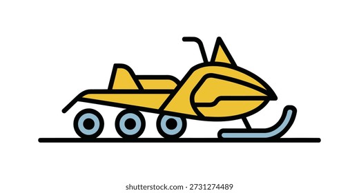Um ícone plano estilizado de um moto de neve amarelo com rodas azuis e um esqui azul claro, isolado em um fundo branco.