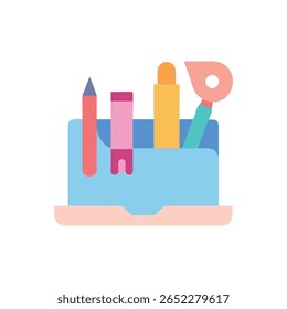 Stylized flat illustration of art supplies inside a laptop case. Features colorful pastel tones for artistic appeal and simplicity.