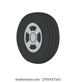 Ilustração estilizada e plana de um pneu preto com uma borda prateada, isolado sobre um fundo branco.