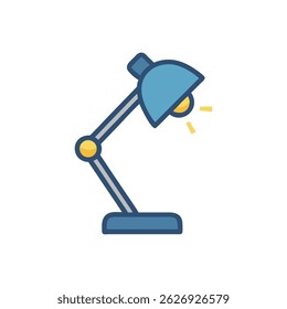 Ilustração plana estilizada de uma lâmpada de mesa azul com uma lâmpada amarela acesa. Linhas limpas e cores brilhantes.