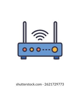 Ilustração plana e estilizada de um roteador azul com duas antenas transmitindo um sinal de wifi, apresentada contra um fundo branco.