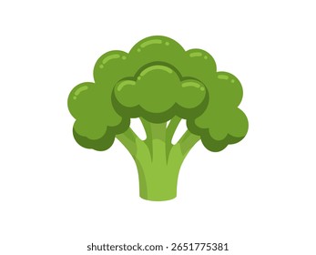 A stylized, flat illustration of a bright green broccoli floret with a thick stem, isolated on a clean white background. The design features smooth curves and subtle shading.