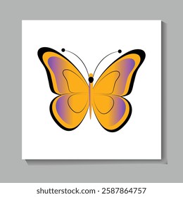 A stylized, flat illustration of a butterfly with orange wings and purple accents.