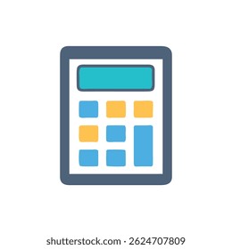 Ilustração plana estilizada de uma calculadora com quadro cinza azul e tela turquesa em um fundo branco.