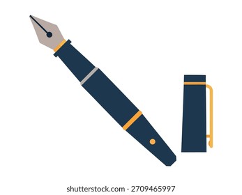 Uma ilustração estilizada e plana de uma caneta-tinteiro azul escura clássica com acentos dourados, mostrada ao lado de seu chapéu destacado, perfeita para escrever ou conceitos caligráficos.