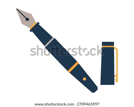 A stylized, flat illustration of a classic dark blue fountain pen with gold accents, shown next to its detached cap, perfect for writing or calligraphy concepts.