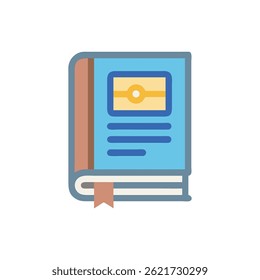 Ilustración plana estilizada de un libro cerrado con un marcador. Líneas limpias, Formas geométricas simples y colores alegres.