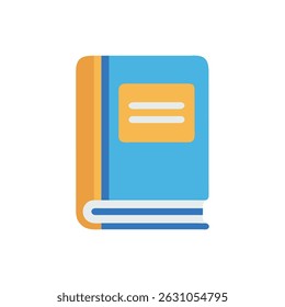 Stylized flat illustration of closed book featuring cover label. Blue and orange color scheme with white detailing and isolated design.