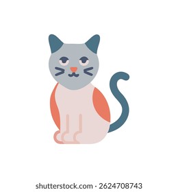 Stylized flat illustration of a cute cat sitting against White Background. Minimalist design with soft colors and rounded shapes.