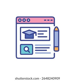 A stylized flat illustration depicting an online education platform featuring a graduation cap and pencil icon for learning resources.