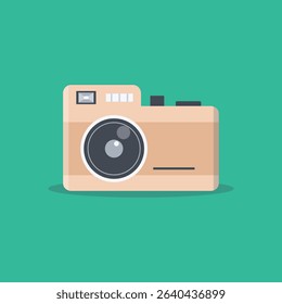 Stylized, flat illustration depicts a vintage camera. The camera is presented in a light beige or tan color against a bright teal or mint green backdrop. 