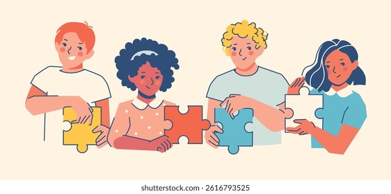 Ilustración plana estilizada de diversos jóvenes sosteniendo piezas de rompecabezas para representar el trabajo en equipo, la unidad y la colaboración. Perfecto para temas de Asistencia, igualdad y comunidad