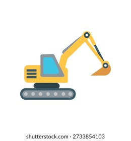 A stylized flat illustration of an excavator on a White Background; simple geometric shapes and bright colors.