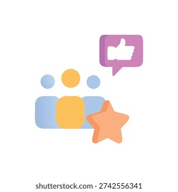 Stylized flat illustration featuring a group icon with a thumbs up bubble and star.