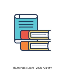 A stylized flat illustration featuring a stack of books with a notebook. Colorful design, ideal for education or library concepts.