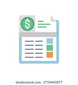 Ilustração plana estilizada de um relatório financeiro com símbolo de dólar. Use esta imagem para ilustrar dinheiro, renda ou despesas.