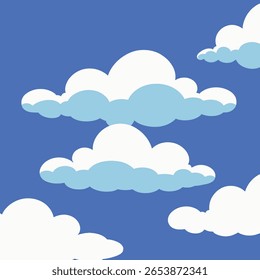 Ilustración estilizada y plana de nubes blancas y azul claro esponjosas contra un cielo azul vibrante.