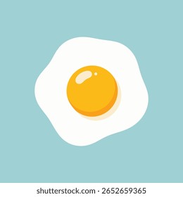 Uma ilustração estilizada e plana de um ovo frito com uma gema amarela brilhante e albúmen branco, colocada contra um fundo azul suave. O design é simples e moderno.