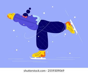 Stylized flat illustration of a girl ice skating in winter attire. Features dynamic motion, snowflakes, and vibrant colors. Perfect for winter sports, activity promotions, or seasonal designs