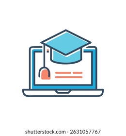 Stylized flat illustration of a graduation cap atop a laptop symbolizing online education with coral and blue hues against a White Background.