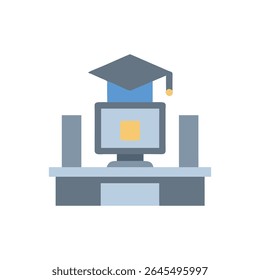 Ilustração plana estilizada de um boné de graduação em cima de um computador que significa realização acadêmica online. A composição usa uma paleta de cores limitada.