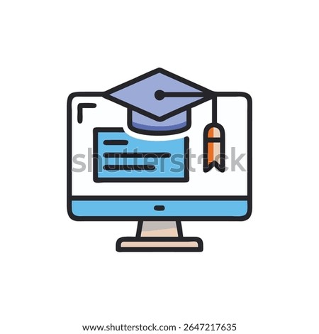 Stylized flat illustration of graduation cap on a computer screen symbolizing online education and virtual learning. Clean modern vector design.
