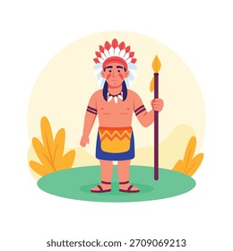 Una ilustración plana estilizada de un hombre nativo americano con atuendo tradicional, sosteniendo una lanza.