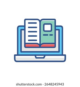 Ilustração plana e estilizada de um livro aberto exibida em uma tela de notebook. Descreve conceitos de aprendizagem on-line e educação digital.