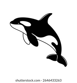 Stylized Flat Illustration of an Orca Whale: Black and White Killer Whale Swimming, Isolated on White Background
