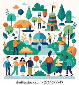 Stylized flat illustration of people interacting in a park with abstract trees and buildings flat design