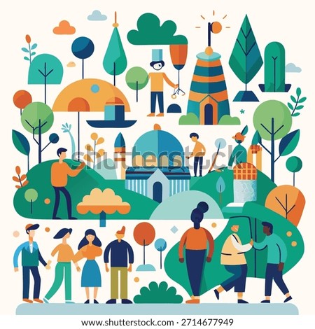 Stylized flat illustration of people interacting in a park with abstract trees and buildings flat design
