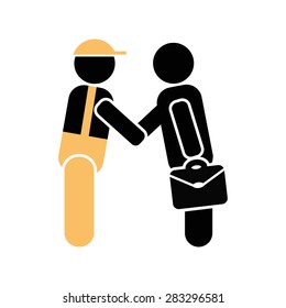 Stylized flat illustration of the person in a working uniform and a helmet who is shaking hands with the person in a business suit holding a portfolio