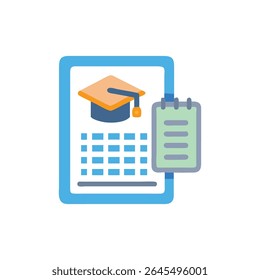 Stylized flat illustration representing digital education. It features a mortarboard icon, tablet screen with blue color palette and a notebook icon.