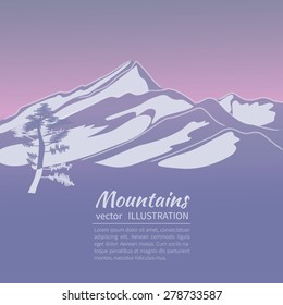 Stylized  flat illustration showing an alpine Landscape with mountains and firs