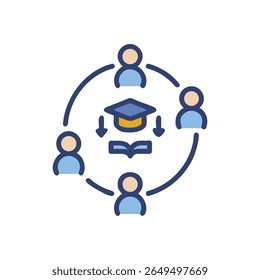 Stylized flat illustration showing students connected in a circle with education symbols. Represents collaborative learning and academic network in education.