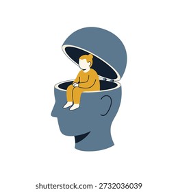 A stylized flat illustration shows a small cartoon character sitting inside a large human head with the top opened like a container lid, symbolizing introspection, self-awareness, and mental health exploration.