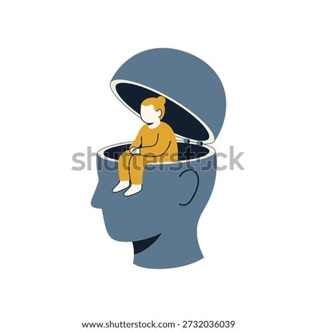 A stylized flat illustration shows a small cartoon character sitting inside a large human head with the top opened like a container lid, symbolizing introspection, self-awareness, and mental health exploration.