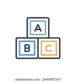 Ilustração plana e estilizada de blocos ABC empilhados. Apresenta cores pastel macias e contorno escuro em um fundo preto.