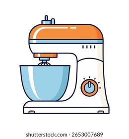 A stylized, flat illustration of a stand mixer in orange and white with a blue bowl. The mixer features a power button and a whisk attachment, perfect for baking or kitchen concepts.