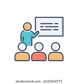 Stylized flat illustration of a teacher presenting to students using a whiteboard. Depicts education and knowledge transfer.