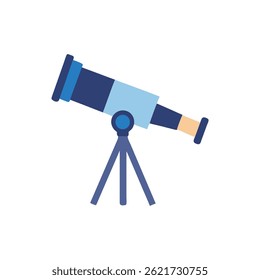 Stylized flat illustration of a telescope on a tripod stand. The image contains blue, light blue, and tan colors, isolated on White.