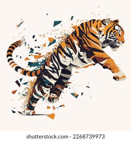 A stylized, flat illustration of a tiger in mid-leap, its body contorted into a dynamic and powerful pose, with bold shapes and colors giving it a dynamic and energetic feel