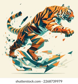 A stylized, flat illustration of a tiger in mid-leap, its body contorted into a dynamic and powerful pose, with bold shapes and colors giving it a dynamic and energetic feel