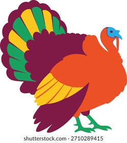Eine stilisierte, flache Illustration eines Truthahns mit lebendigem, buntem Gefieder, mit einem aufgefächerten Schwanz und gewagten geometrischen Formen, perfekt für festliche Herbst- und Thanksgiving-Themen.