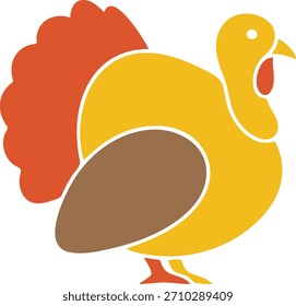 Stylized, flat illustration of a turkey in warm autumn colors. The bird features a fanned tail, plump body, and distinct head, perfect for Thanksgiving and fall-themed designs.