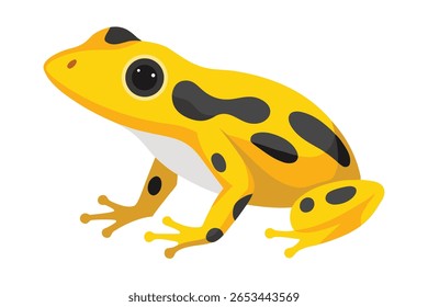 A stylized, flat illustration of a vibrant yellow frog with irregular black spots. The amphibian is depicted in profile against a clean white background, showcasing its large black eyes and