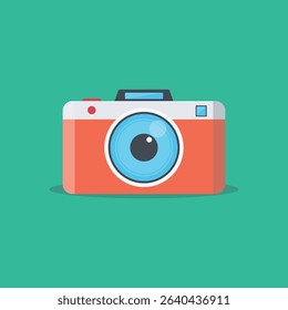 Stylized, flat illustration of a vintage camera, with vibrant colors and a simple design. The camera features a large, bright blue lens. The background is a solid, muted teal color.