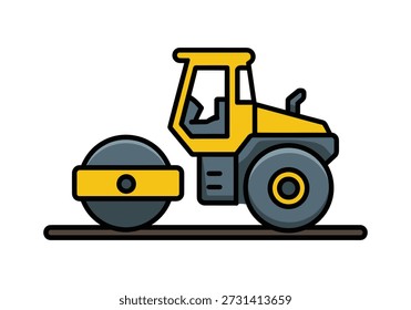 A stylized, flat illustration of a yellow road roller machine compacting the ground.