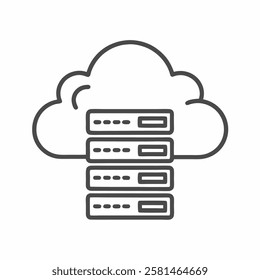 Stylized flat line illustration of cloud storage with multiple servers hosting data in a digital environment